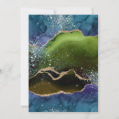 青、緑、金のグリッターをあしらった青いアゲートのキンセアニエラ 招待状 (裏面)