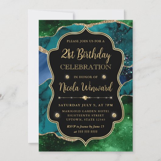 青・緑・金のラメ瑪瑙フレームの誕生日 招待状 (正面)