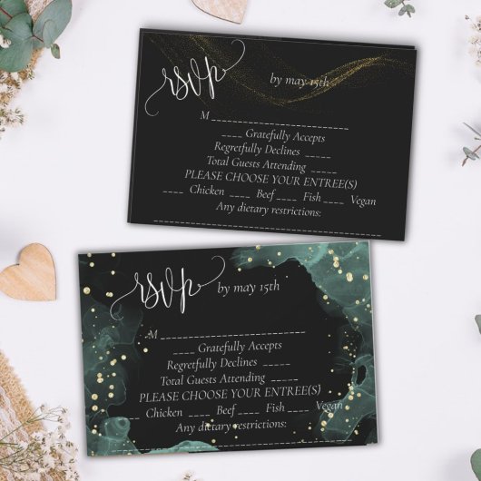 青、緑、金ゴールドエレガントな結婚式 出欠カード