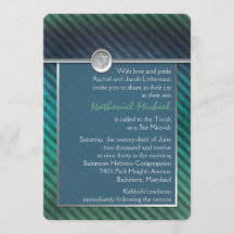 青、緑、銀のストライプのバル・ミツヴァの招待状