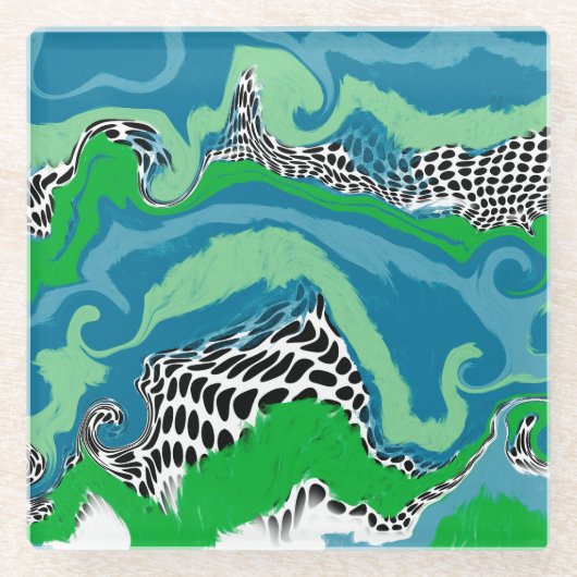 青、緑、黒、白の抽象芸術流体アート ガラスコースター (正面)