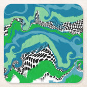 青、緑、黒、白の抽象芸術流体アート スクエアペーパーコースター (正面)