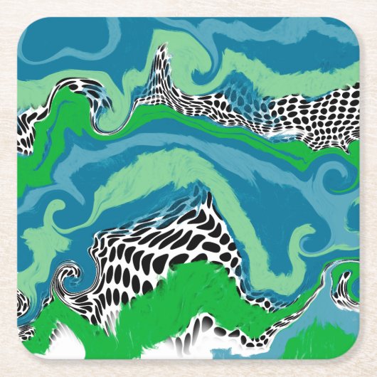 青、緑、黒、白の抽象芸術流体アート スクエアペーパーコースター (正面)