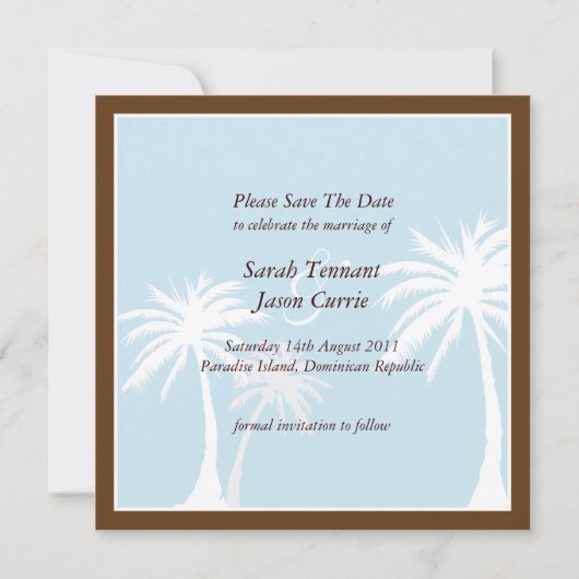 青/茶色のヤシの木の結婚式の保存日付 セーブザデート (裏面)