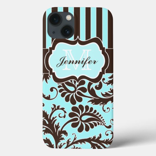 青、茶色、白のダマスクストライプののiPadエアケース Case-Mate iPhoneケース (裏面)