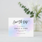 青/薄紫水色/スクリプトウェディング日付の保存 ポストカード (スタンド正面)