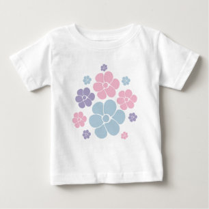 青、薄紫、ピンクの花模様 ベビーTシャツ