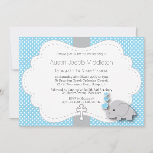 青 – 象🐘ベビー写真 – 《キリスト教》洗礼式や命名式 招待状 (正面)