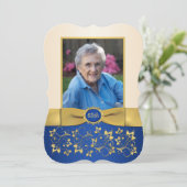 青、象牙色、金 65歳誕生日写真招待状 招待状 (スタンド正面)