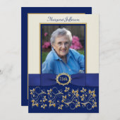 青、象牙色、金 75周年記念写真 誕生日招待状 招待状 (正面/裏面)