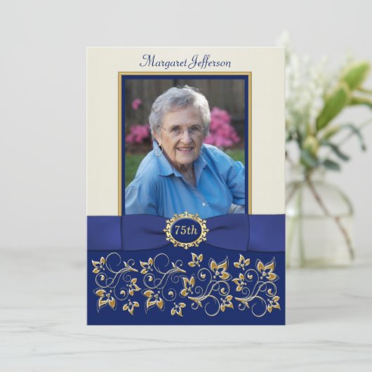 青、象牙色、金 75周年 フォト バースデー インビテーション (スタンド正面)