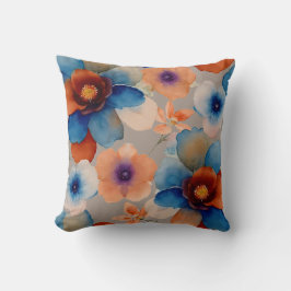 青、赤、オレンジのフローラ クッション