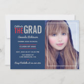 青・赤・灰色の卒業式パーティー 招待状 (正面)