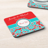 青、赤、白のダマスクのウェディングコースターセット(6) コースター (左側)