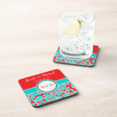 青、赤、白のダマスクのウェディングコースターセット(6) コースター (右側)