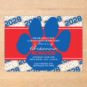 青、赤、白の絵柄の卒業式フロステッド アクリル招待状 (正面)