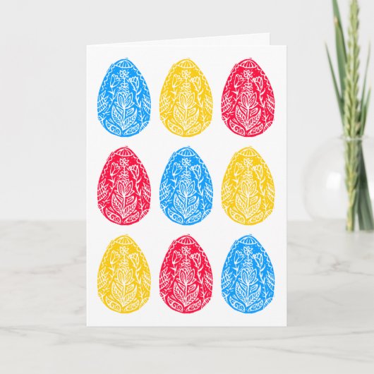 青/赤/黄フローライースター素朴卵リノカット カード (正面)