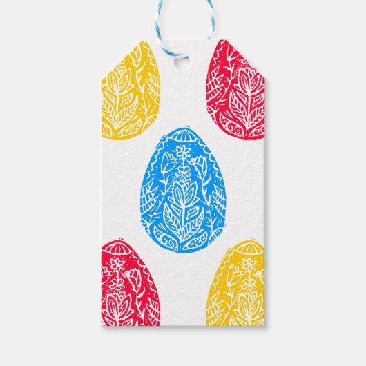 青/赤/黄フローライースター素朴卵リノカット ギフトタグ (正面)