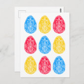 青/赤/黄フローライースター素朴卵リノカット ポストカード (正面/裏面)