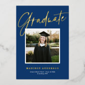 青+金ゴールドスクリプトフォト卒業のお知らせ 箔招待状 (正面)