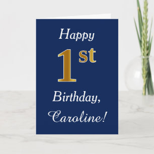 青、金ゴールドフェイク1歳の誕生日+名前をカスタムする カード