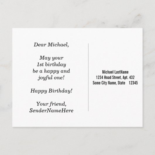 青、金ゴールドフェイク1歳の誕生日+名前をカスタムする ポストカード (裏面)