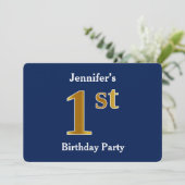 青、金ゴールドフェイク1番目の誕生日パーティー+名前をカスタムする 招待状 (スタンド正面)