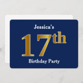 青、金ゴールドフェイク17歳の誕生日パーティー+名前をカスタムする 招待状 (正面/裏面)