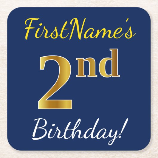 青、金ゴールドフェイク2回目の誕生日+名前をカスタムする スクエアペーパーコースター (正面)