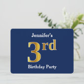 青、金ゴールドフェイク3回目の誕生日パーティー+名前をカスタムする 招待状 (スタンド正面)