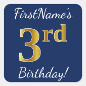 青、金ゴールドフェイク3回目の誕生日+名前をカスタムするシール スクエアシール (正面)