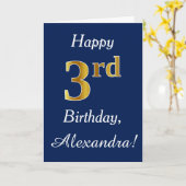 青、金ゴールドフェイク3回目の誕生日+名前をカスタムする カード (黄色い花)