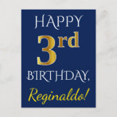 青、金ゴールドフェイク3回目の誕生日+名前をカスタムする ポストカード (正面)