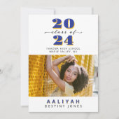 青+金ゴールド王室の写真の卒業発表 案内状 (正面)