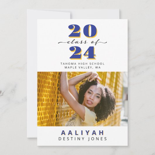 青+金ゴールド王室の写真の卒業発表 案内状 (正面)