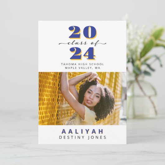 青+金ゴールド王室の写真の卒業発表 案内状 (スタンド正面)