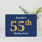青、金ゴールド55フェイク歳の誕生日パーティー+名前をカスタムする 招待状 (スタンド正面)