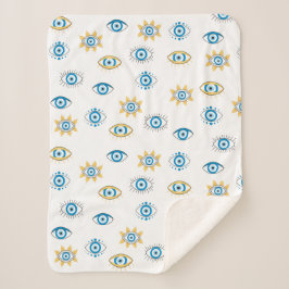 青、金ゴールド、白ギリシャ目マチパターン シェルパブランケット