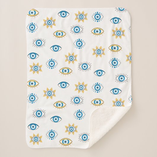 青、金ゴールド、白ギリシャ目マチパターン シェルパブランケット (正面)