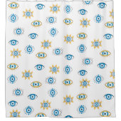 青、金ゴールド、白ギリシャ目マチパターン シャワーカーテン (正面)