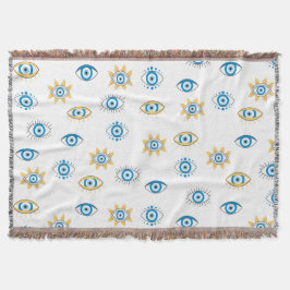 青、金ゴールド、白ギリシャ目マチパターン スローブランケット