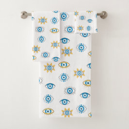 青、金ゴールド、白ギリシャ目マチパターン バスタオルセット