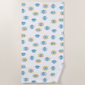 青、金ゴールド、白ギリシャ目マチパターン ビーチタオル (正面)