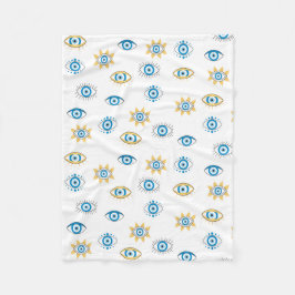 青、金ゴールド、白ギリシャ目マチパターン フリースブランケット