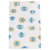 青、金ゴールド、白ギリシャ目マチパターン ミディアムペーパーバッグ (正面)