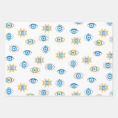 青、金ゴールド、白ギリシャ目マチパターン ラッピングペーパーシート (正面)