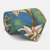 青、金ゴールド、緑アマリリスの花柄 ネクタイ (ロール)