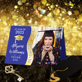 青 | 金色の卒業証書 波 グラッド キャップ フォト サンキューカード