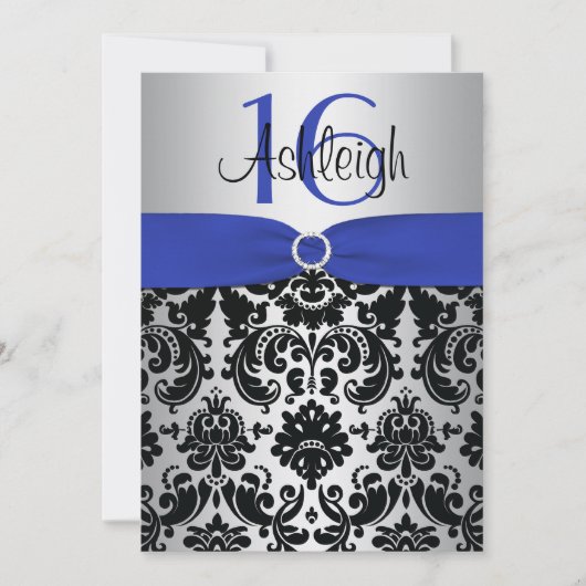 青、銀および黒いダマスク織の菓子16の招待状 招待状 (正面)