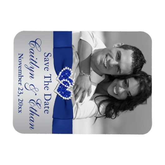 青、銀のハート日付写真マグネットを保存 マグネット (横)